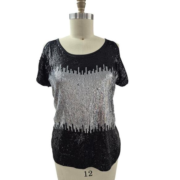 VTG INC international concepts Sequin front Cold Shoulder Top Black/Silver M - Picture 1 of 6
